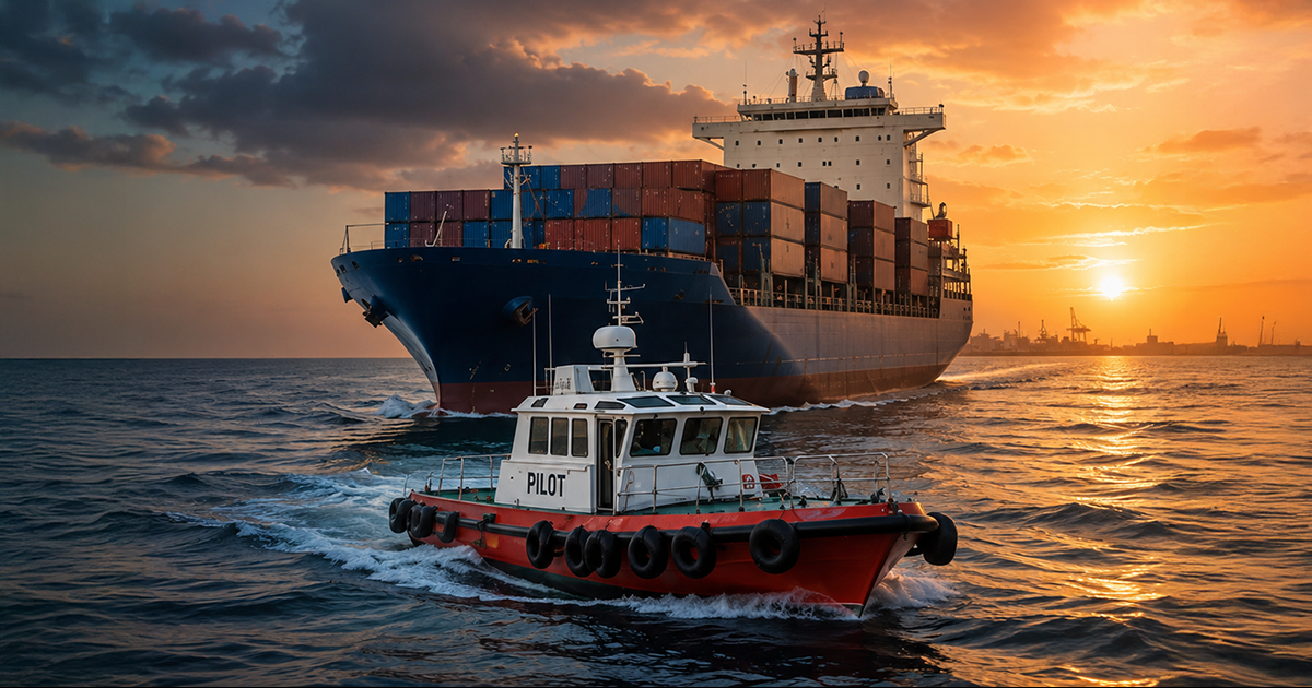 Pilotage in shipping with a pilot boat approaching a cargo vessel